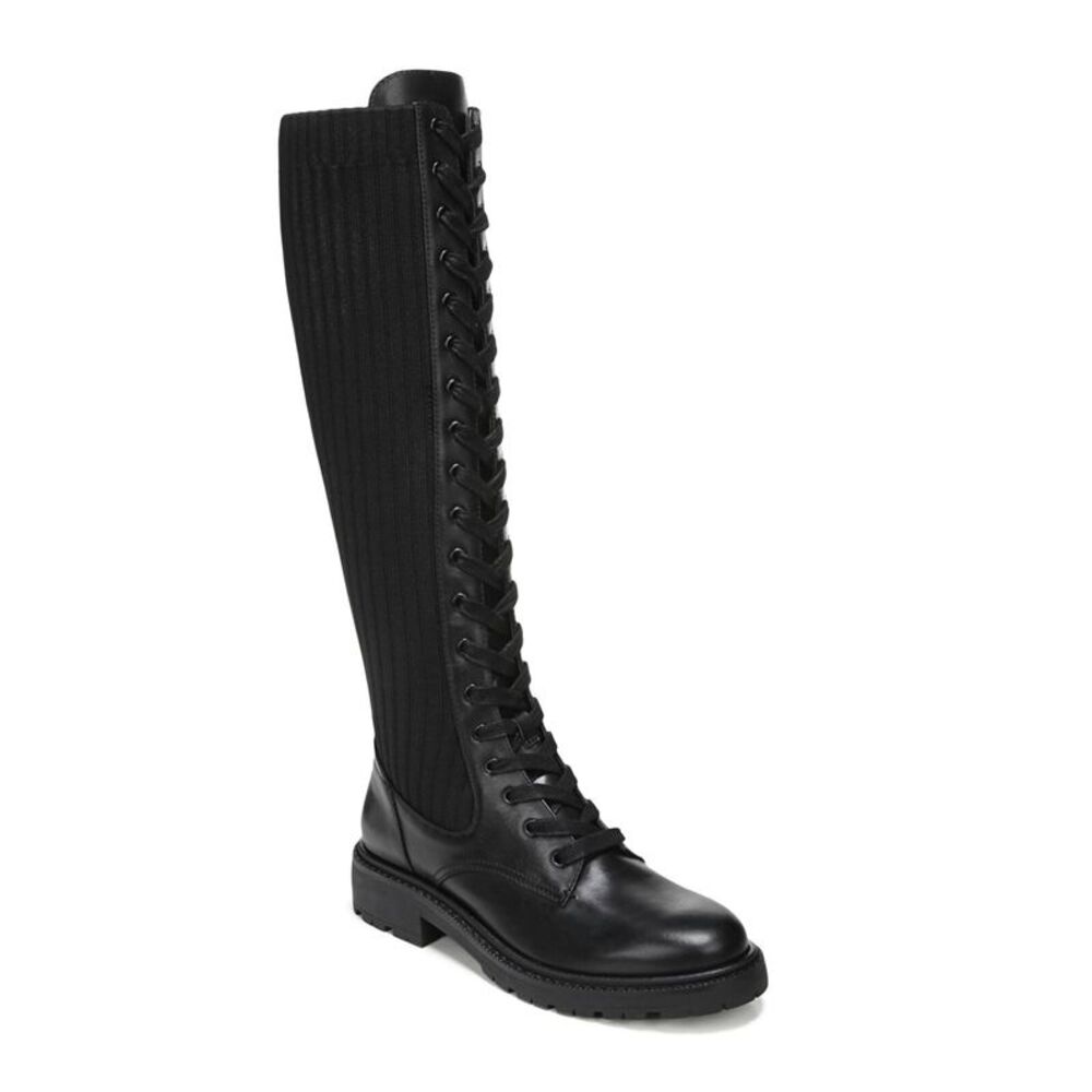 NWT SAM EDELMAN Womens Black Knit Lila Block Heel Leather Combat Boots 5 M